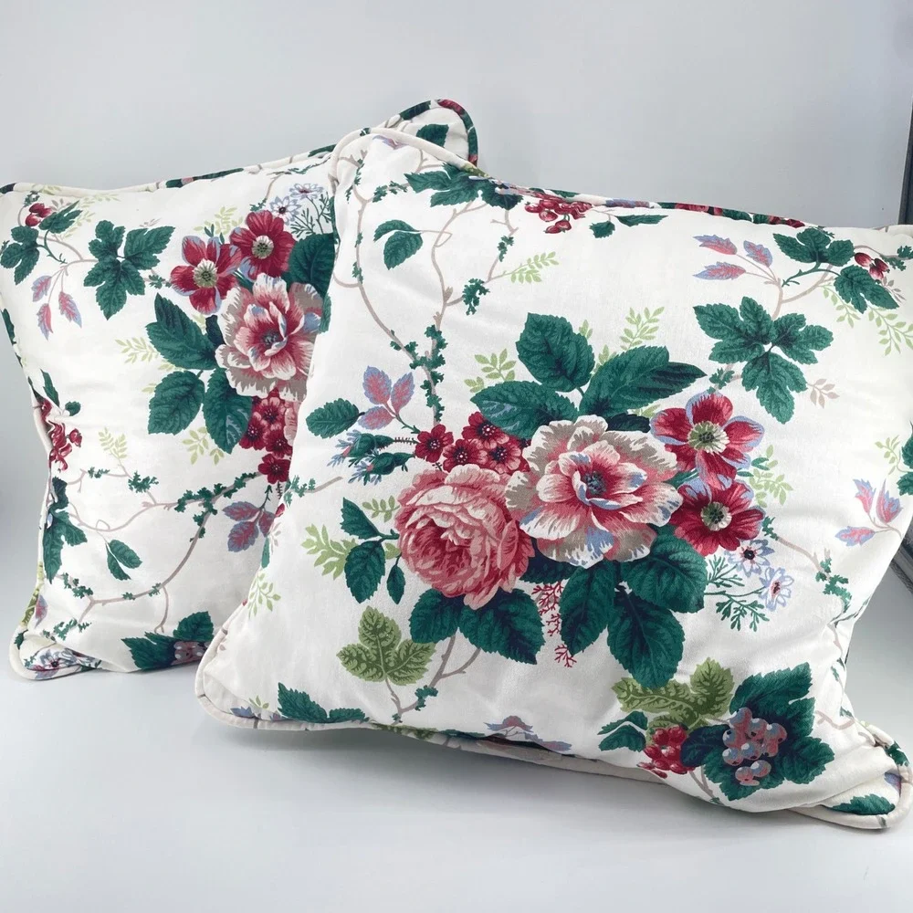 Waverly Floral Throw Pillows Cream Pink Green 16x16 Pair Traditional Cottagecore